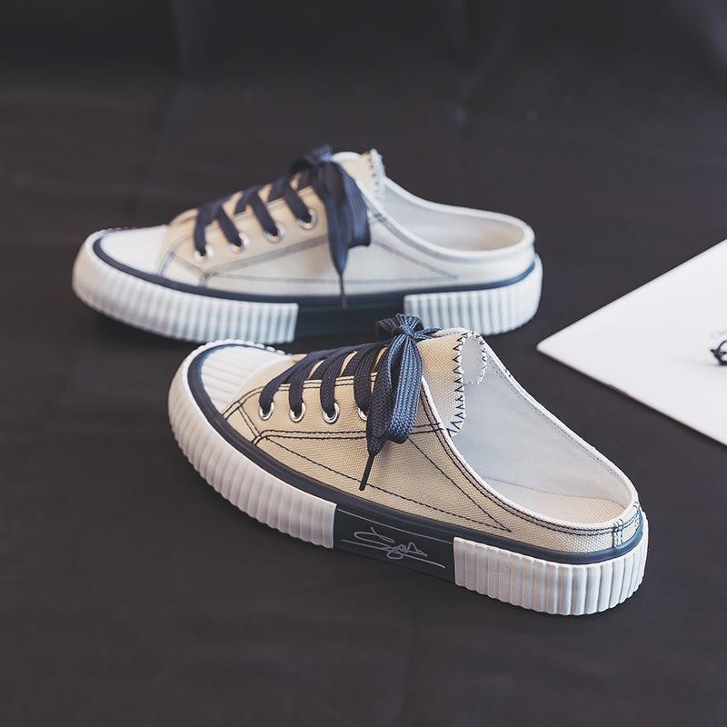 Biscuit shoes women's half-drag canvas shoes new versatile lazy shoes one pedal no heel white shoes tide