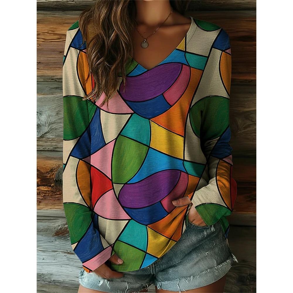 Women's Autumn Long-Sleeve T-Shirt V-Neck Loose Fit Patchwork Style with Irregular Geometric Print Trendy Street-Style Top