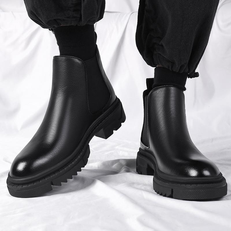 Martin boots men's winter new velvet thermal leather boots men's thick-soled leather foot cover Chelsea leather short boots cotton shoes