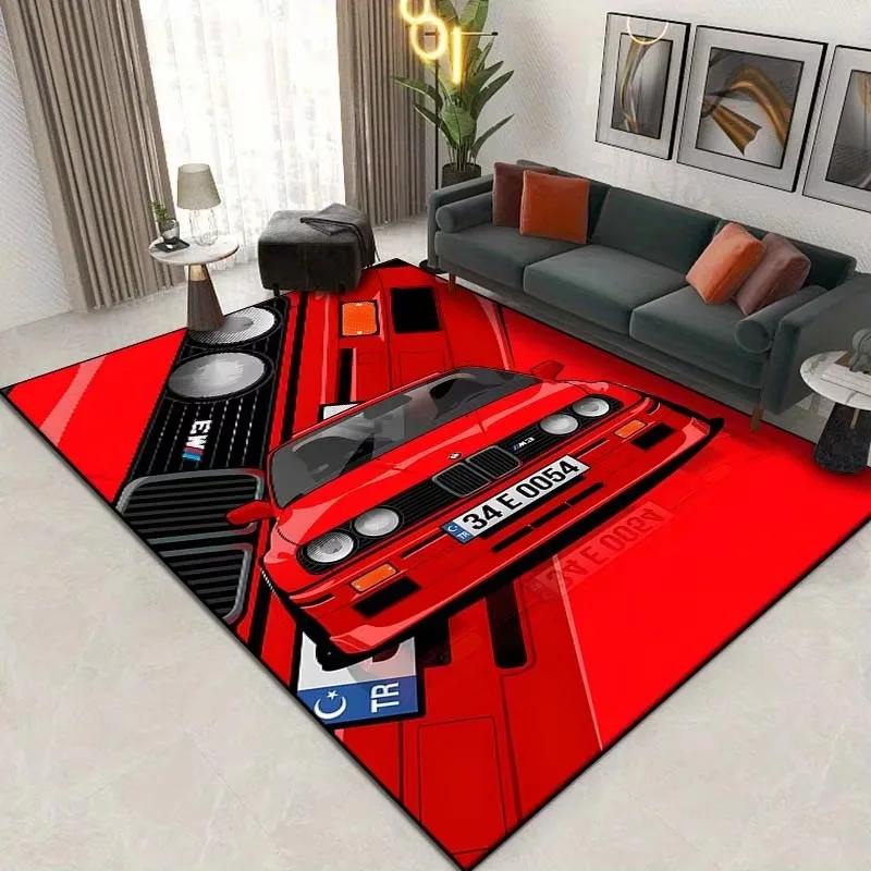 Classic Car Design Area Rug Vintage Style Carpet for Living Room and Bedroom Non-Slip Creative Floor Mat Home Decor Washable