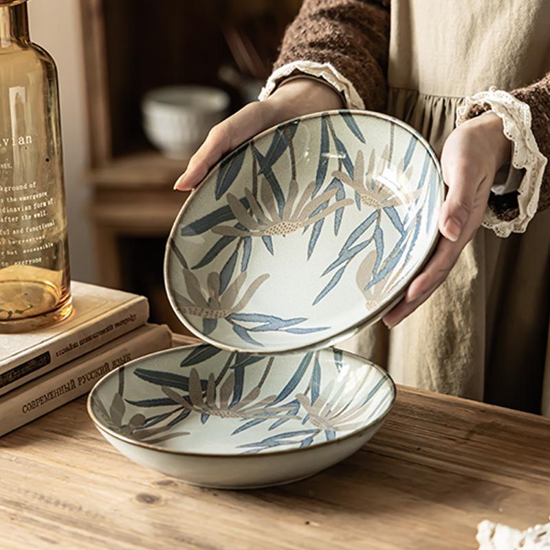 Deep Plate Creative Niche Plant Print Plate Household Ceramic Plate Restaurant Dish Salad Plate Tableware Round Plate