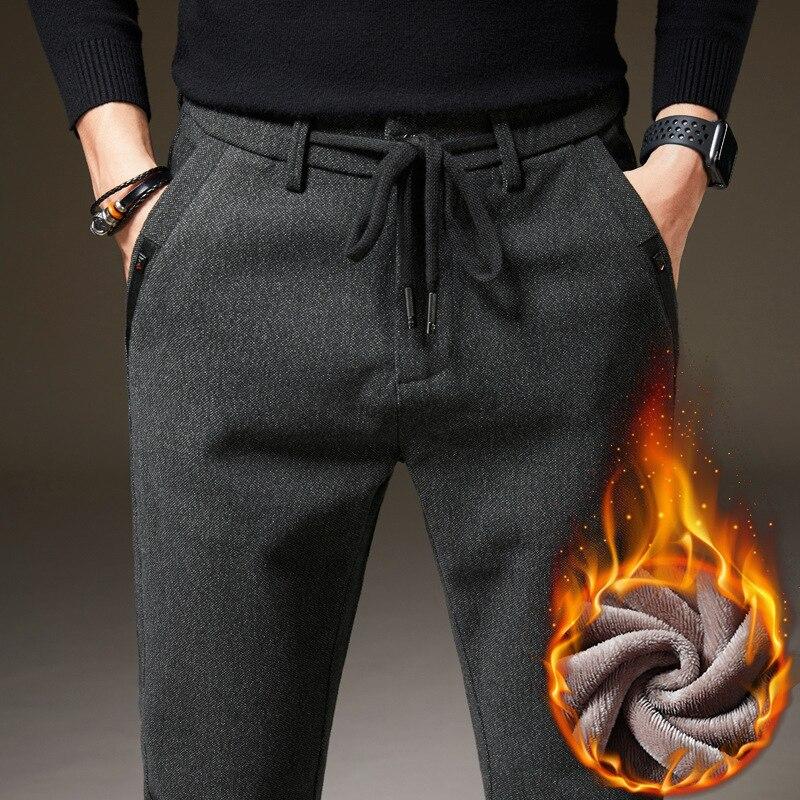 

Winter Men s Warm Casual Pants Fashion Thick Fleece Slim Office Pants 38 сірий