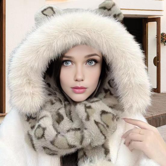 Winter Hat Leopard Print Imitation Fox Fur Windproof Hat Cold Weather Warm Ear Protection