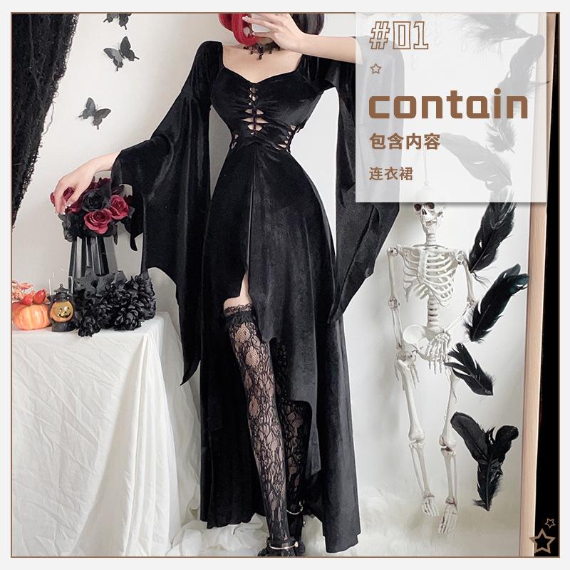 Costume di Halloween gotico scuro strega abito lungo vampiro mietitore abito nero