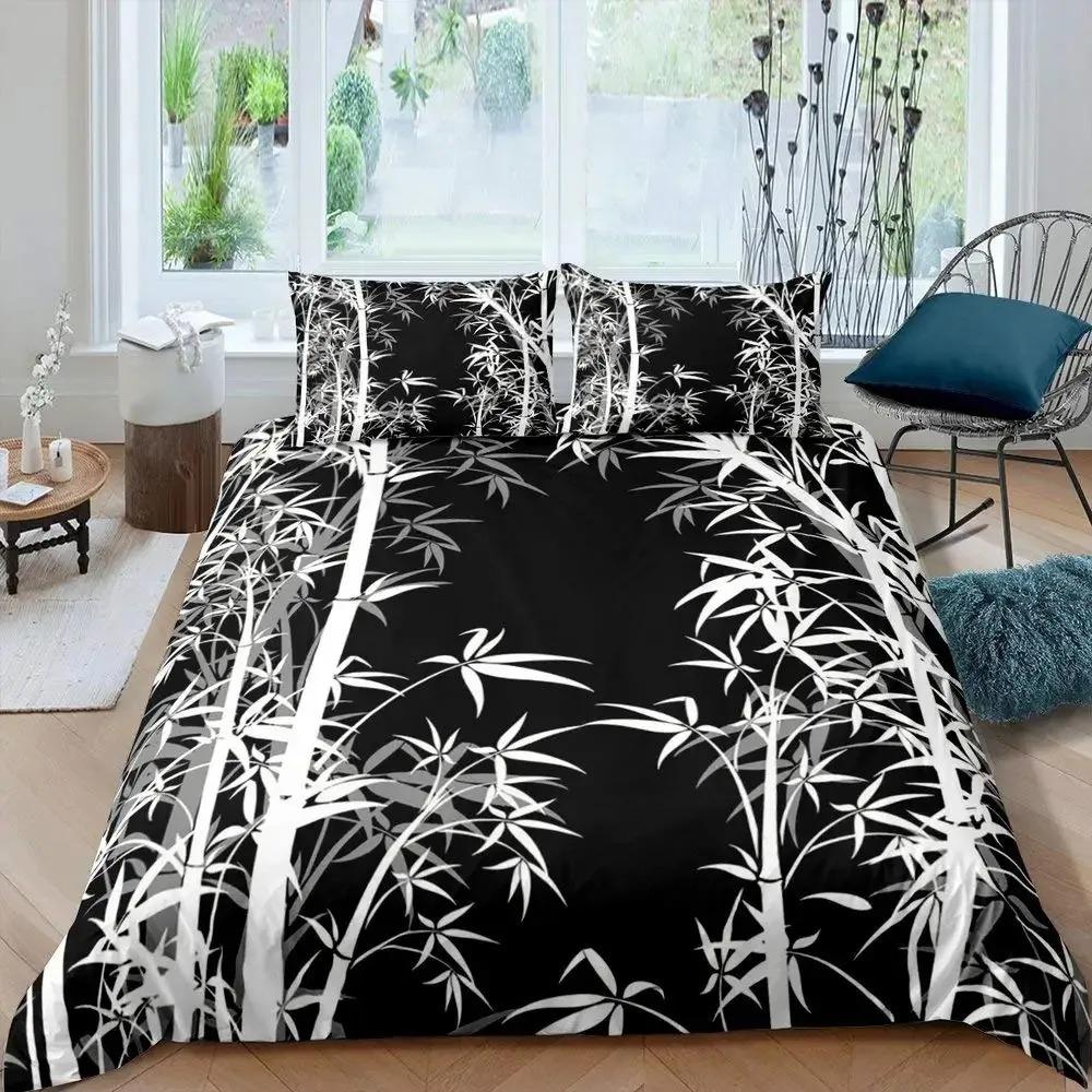 Bamboo Duvet Cover Set Queen Size Luxury Tree Print Bedding Retro Floral Quilt Cover Soft Breathable Bamboo Branches Design