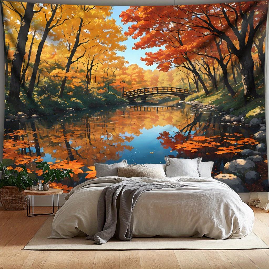 1pc Large Autumn Forest Lake Tapestry Wall Hanging Realistic Fall Foliage Maples Birch Trees with Chequered Sofa Bridge G