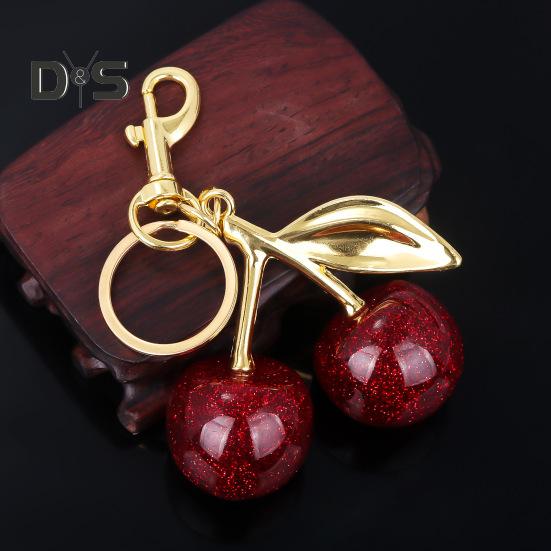Keychain Bag Charm with Golden Shimmering Resin Cherries Hypoallergenic Steel Key Pendant Bag Wallet Accessory