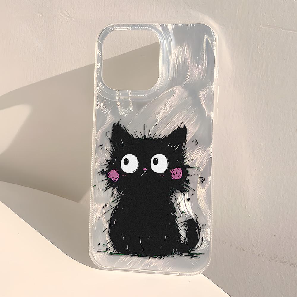 Cute Black Cat Phone Case For iPhone 17 Air Case iPhone17 16 15 11 12 13 14 Pro Max Plus Laser Silver Feather Texture Shockproof Cover