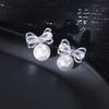 Metal Rhinestone Bow Faux Pearl Stud Earrings Women's New Luxury Elegant Design Zircon Party Accessories