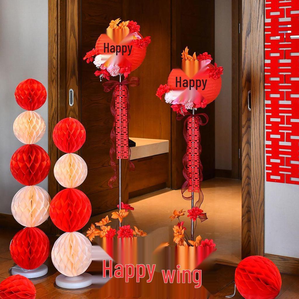 Double Happiness Wedding Lanterns & Floral Columns Set for Engagement and Bridal Photo Props