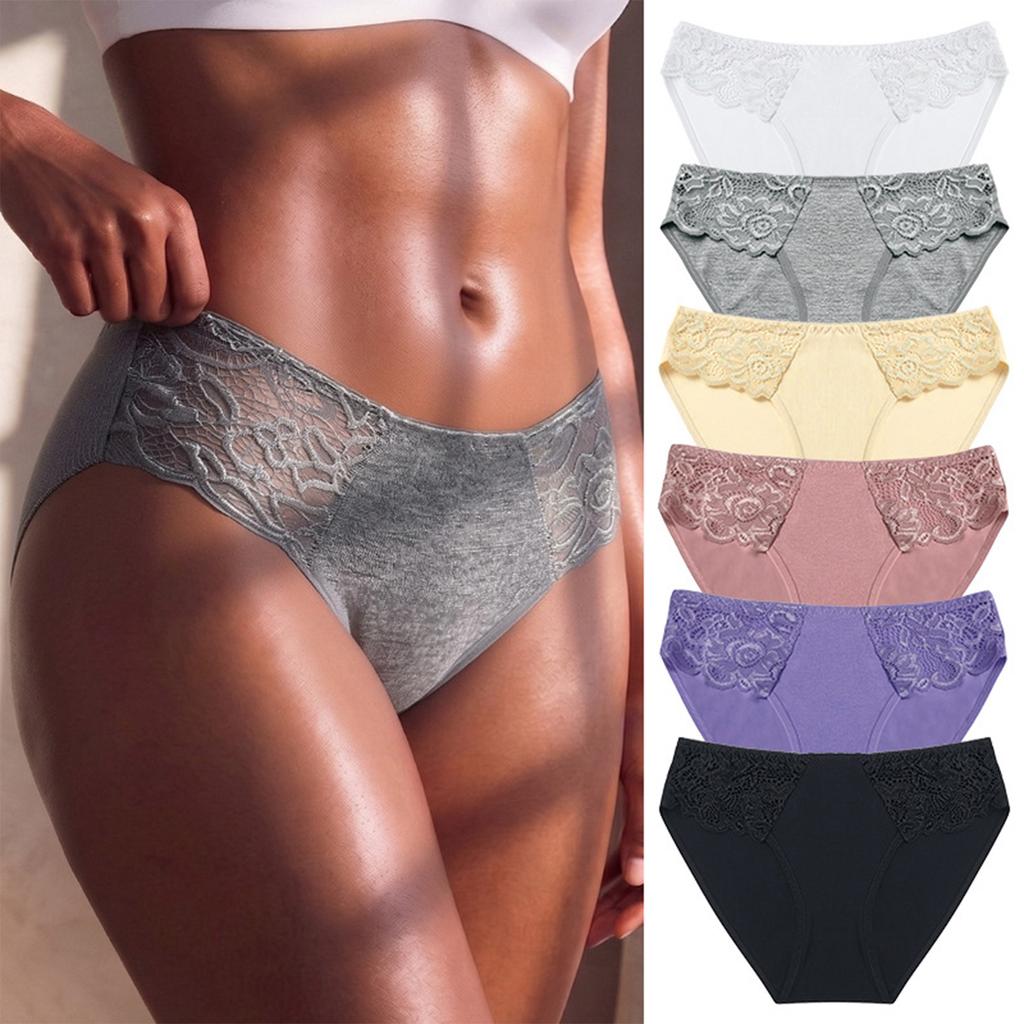 Women's Lace Trim Breathable Panties 6-Pack - Mixed Colors Everyday Underwear Set