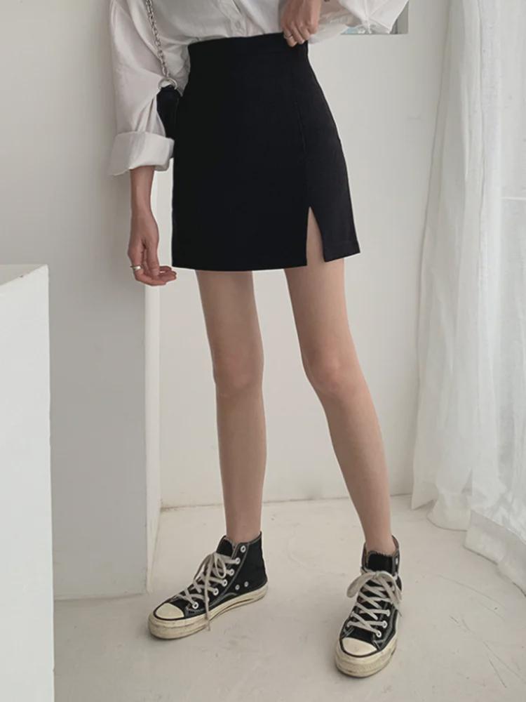 "2025 Women's High-Waist Black A-Line Slit Skirt - Spring/Summer Hip Fairy Design"