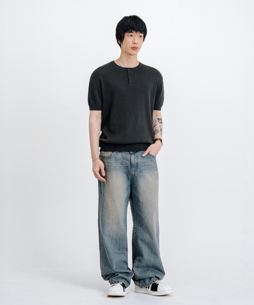 LEMAIN SECOND Classic Henley Neck Washable Short Sleeve Knit [Charcoal]