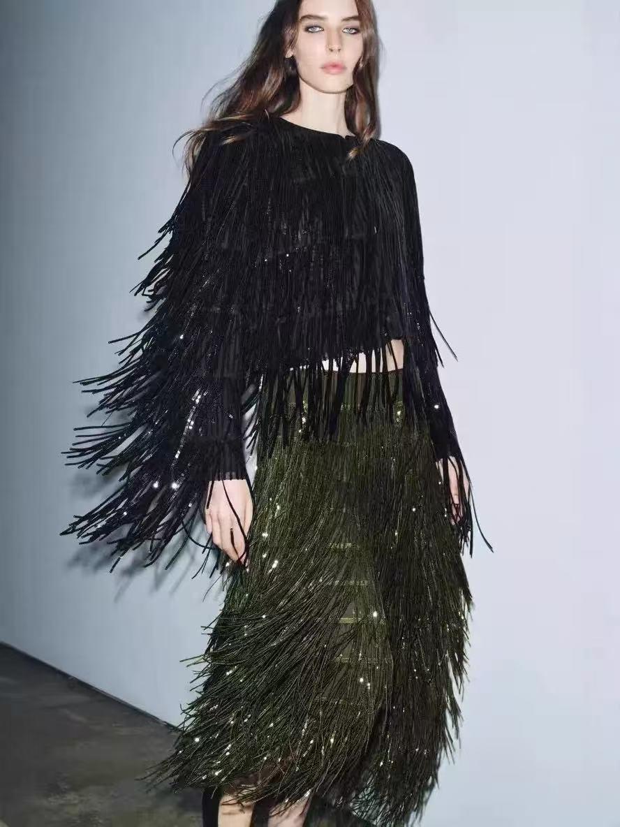 

2025 Зеленая бахрома Облегающая Элегантная Европейская и Американская Светская Женская Осенне-Зимняя Юбка Medium