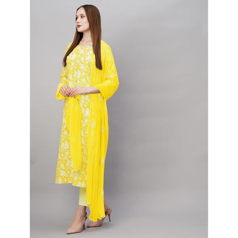 GoSriKi Women's Cotton Blend Straight Printed Kurta with Pant & Dupatta (MEI Red-GS_XL_Red_X-Large)