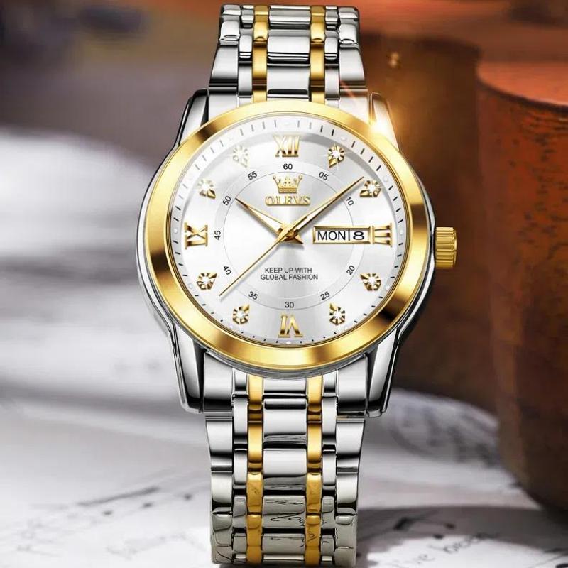 OLEVS Quarzuhr für Herren, Luxus-Diamanten, Golduhr, wasserdicht, leuchtend, Edelstahl, Business-Herren-Quarzuhren