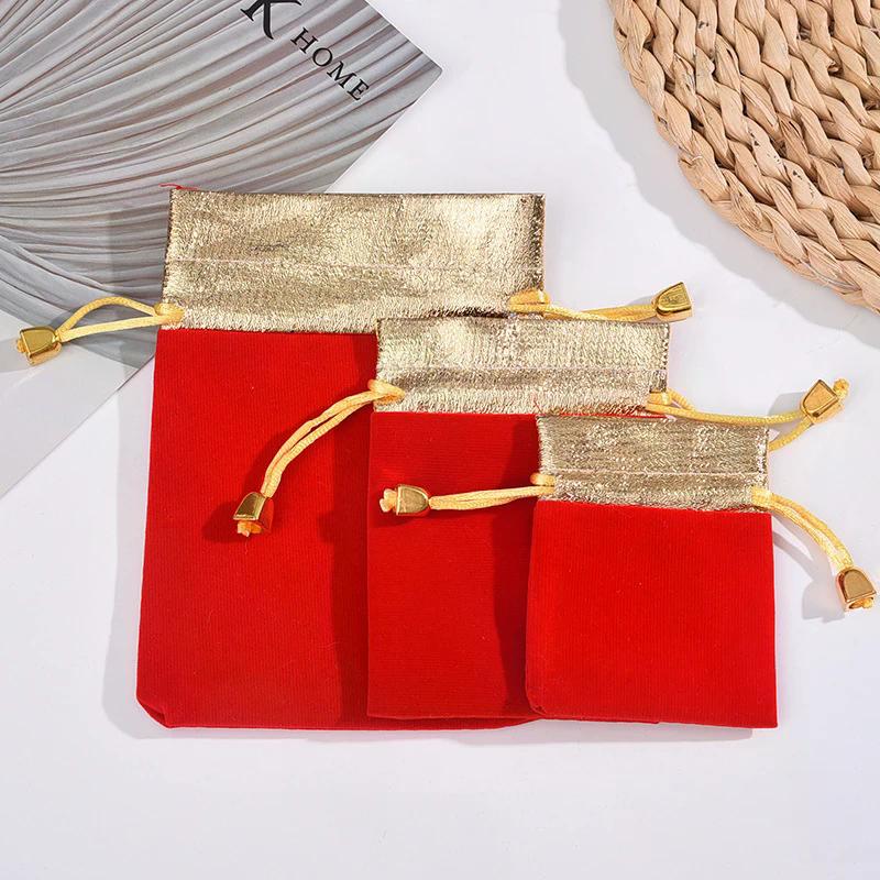 10pcs/lot Vintage Velvet Bag Gold Color Trim Drawstring Red Gift Bags Wedding Jewelry Packaging Pouches