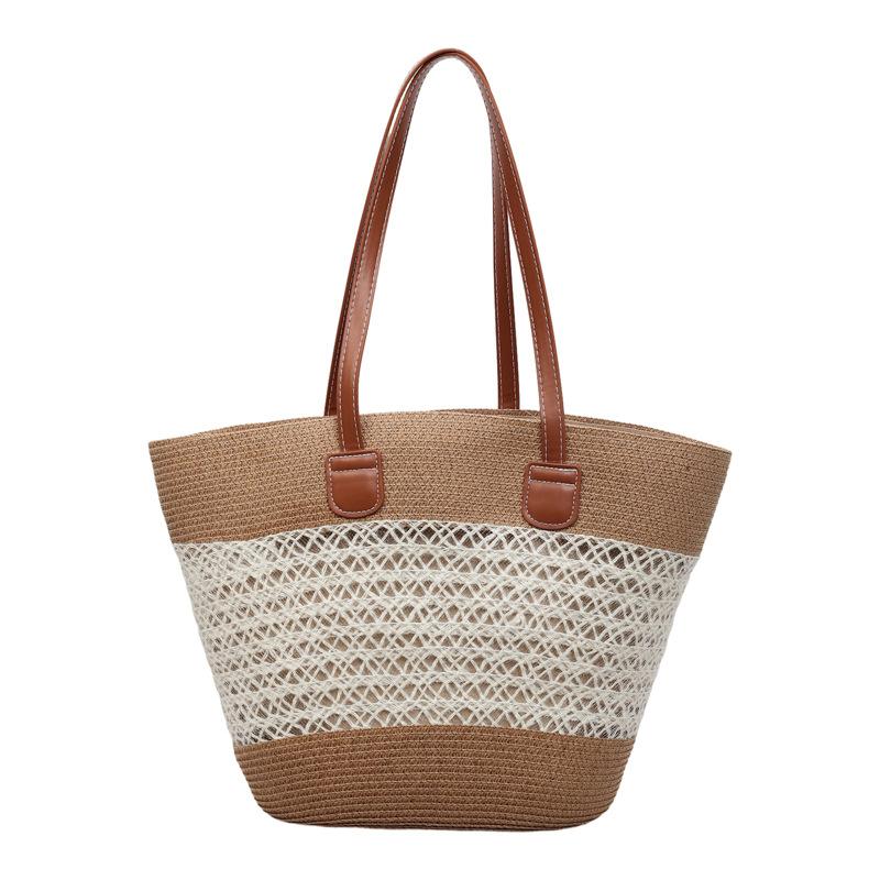 Handwoven Straw Tote Bag with Leather Handles Woven Pattern Summer Beach Bag Casual Everyday Use
