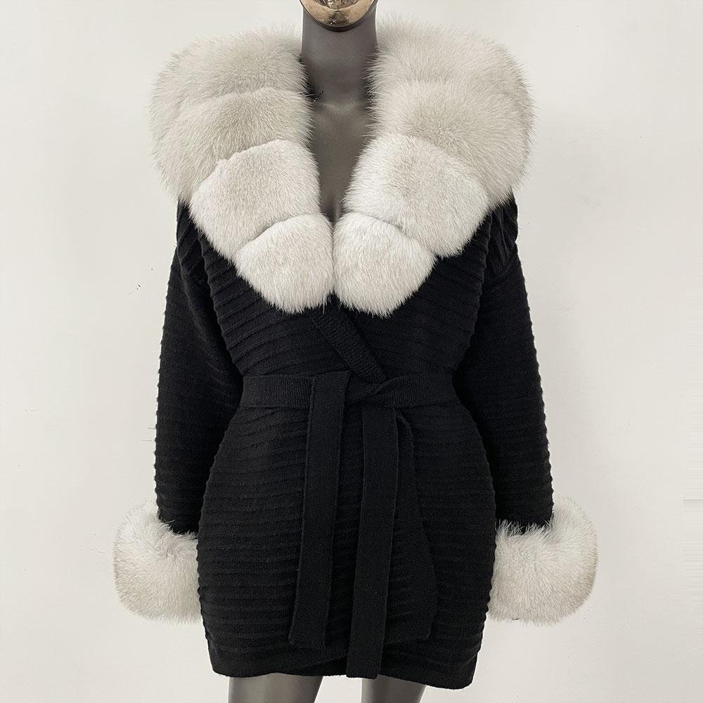 OFTBUY Podzimní Dámský Měkký Dlouhý Pravý Velký Liščí Kožich Teplý Pletený Kabát Pásek Klopa Límec Svrchní Oblečení Ležérní Svetr Bunda Volná Dámská Elegantní Dlouhá