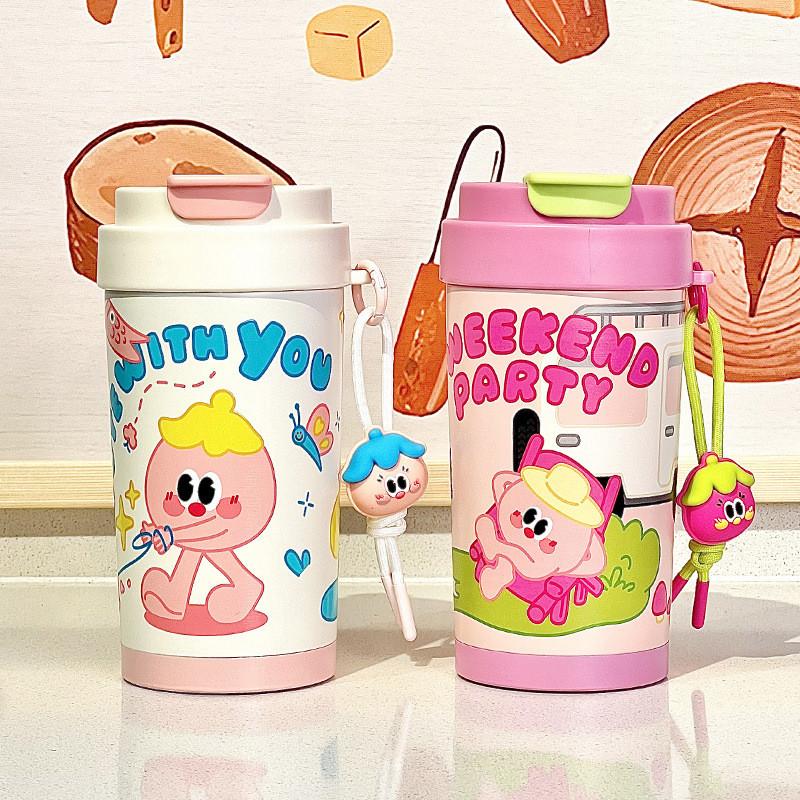 Cartoon Graffiti Insulated Bottle For Women And Kids With Leakproof Lid And Carrying Strap
