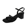 One-word High Heels, Spring and Summer New French Temperament Thick Heel Square Head White Fairy Sandals Female Middle Heel