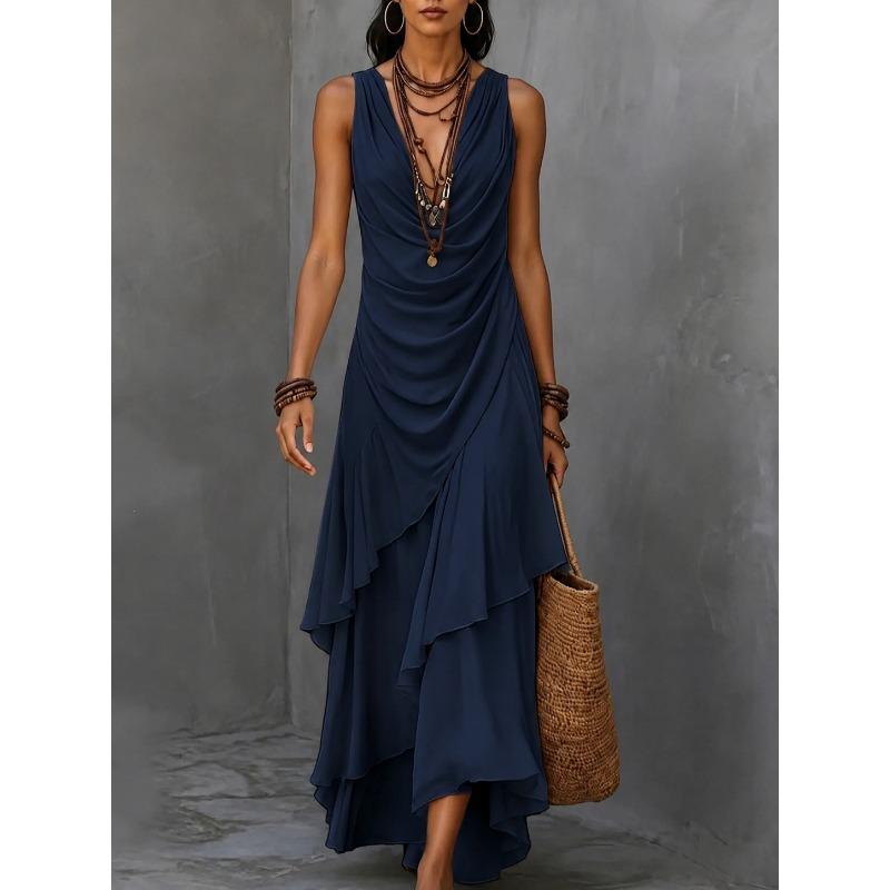GMXIA Women's Fashion Summer Spring V-Neck Sleeveless Solid Color Print Casual Dresses