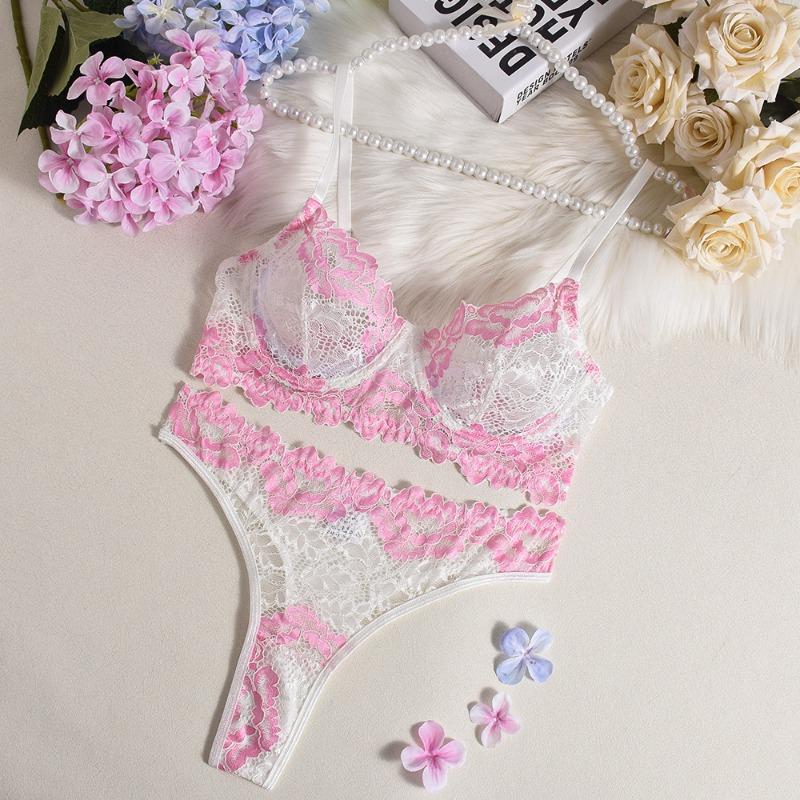 

Контрастный кружевной бюстгальтер, формирующий сексуальный комплект нижнего белья M розовый