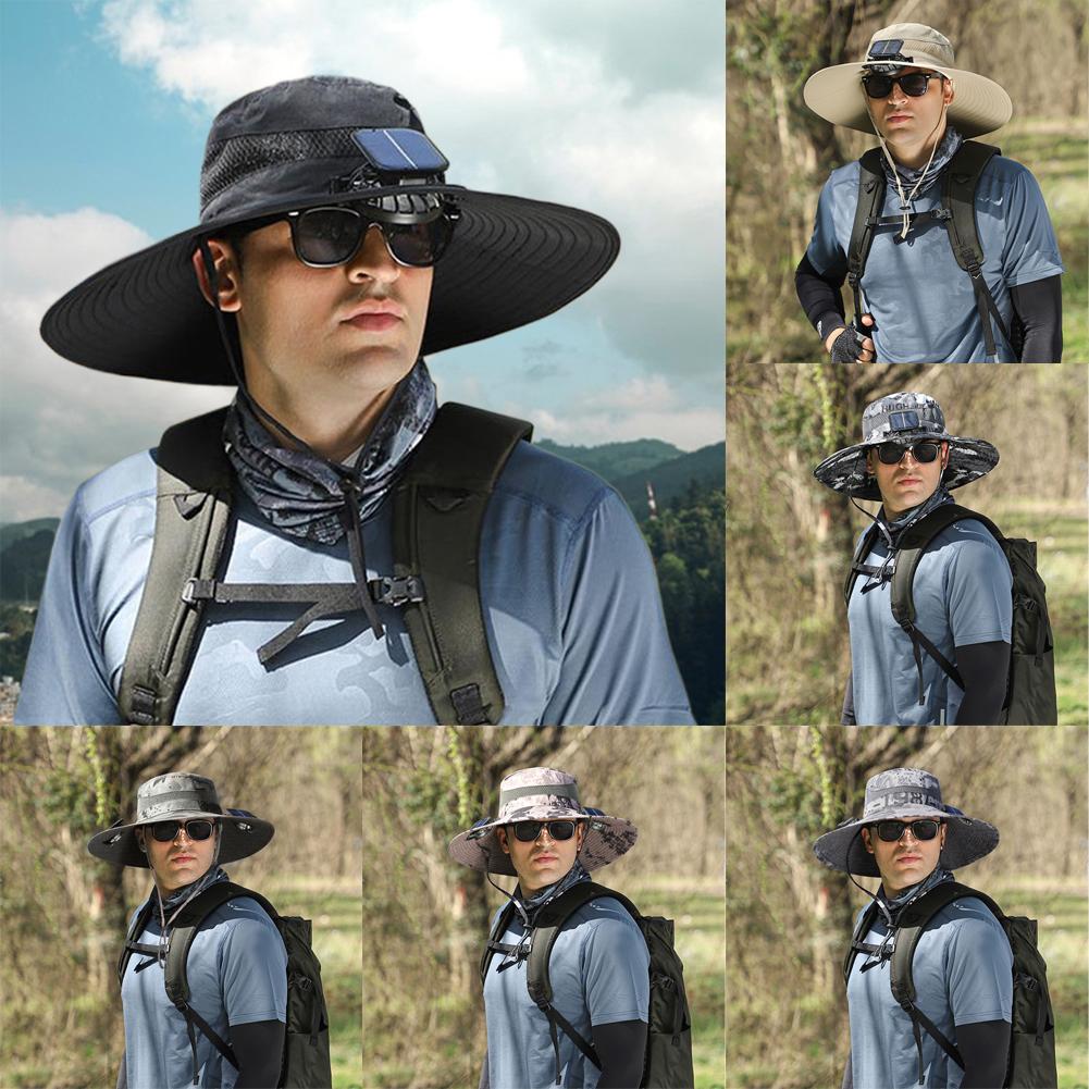 Outdoor Sun Hat with Fan Wide Brim Solar Fan Hat Portable Sunscreen Fisherman Hat For Camping Fishing Hiking for Men Women