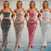 C7196 European and American Fashion Women's Sleeveless Spaghetti Strap Hot Drilling Long Dress Two-Piece Set