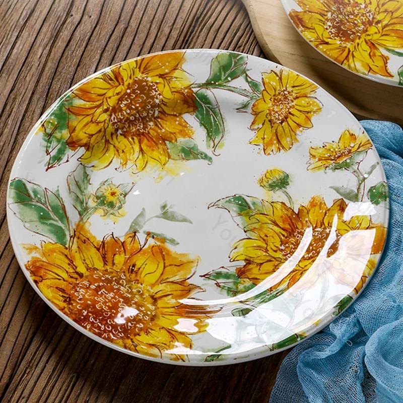 Creative Irregular Ceramic Plates Exquisite Sunflowers Plate Delicious Dishes Deep Soup Plate Afternoon Tea Dessert Tableware