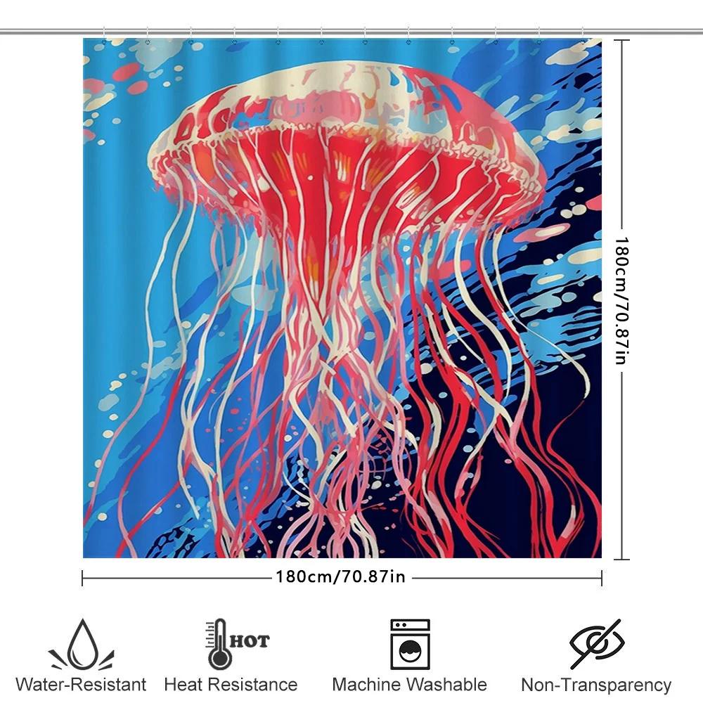Stylish Jellyfish Shower Curtain For Bathroom Decor Waterproof Fabric With Blue Background Red White Streamers Design