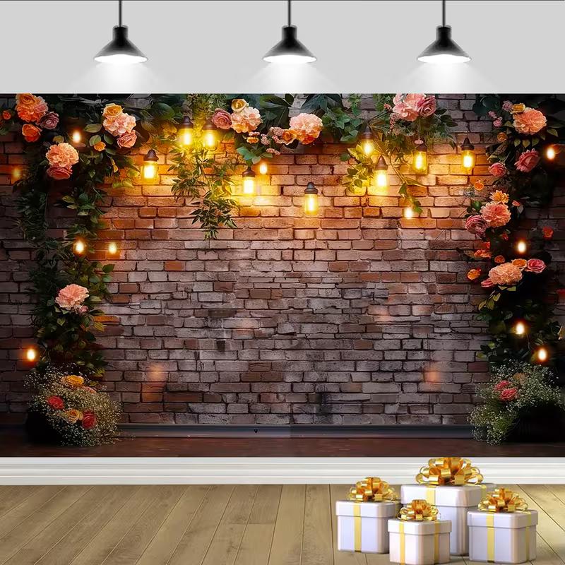 2D Vintage Brick Wall with Floral and Light Bulb Backdrop Party Photo Background Cloth