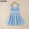 VONDA Women Strap Sleeveless Polka Dots Printing Casual Party Layers Pleated Mini Dress