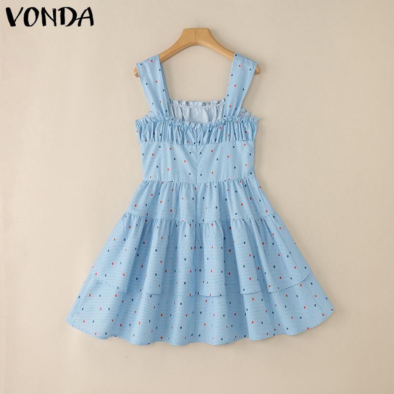 VONDA Rochie Mini Femei cu Bretele, Fără Mâneci, Imprimeu Buline, Casual, de Petrecere, Straturi, Plisată