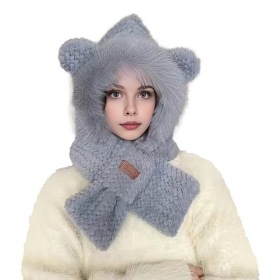 Women Winter Integrated Hat And Scarf Thick Fleece Warm Cartoon Fox Ear Decor Windproof