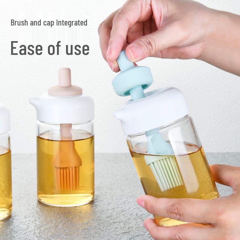 Lard Kitchen Brush with Transparent Glass Oil Bottle and Integrated Suction Oil Brush
