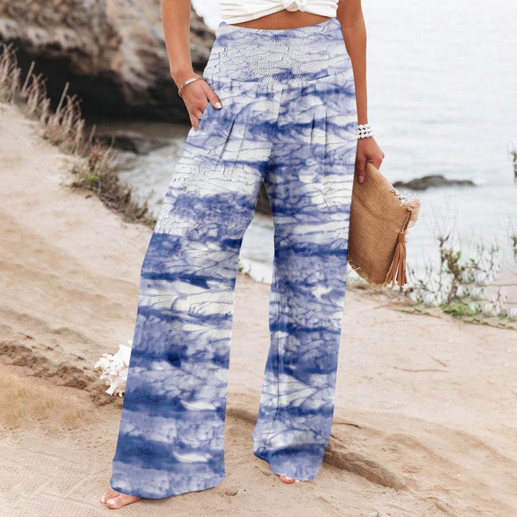High Waisted Pants For Women Printed Stretchy Wide Leg Palazzo Pants Casual Comfy Beach Pants Trousers