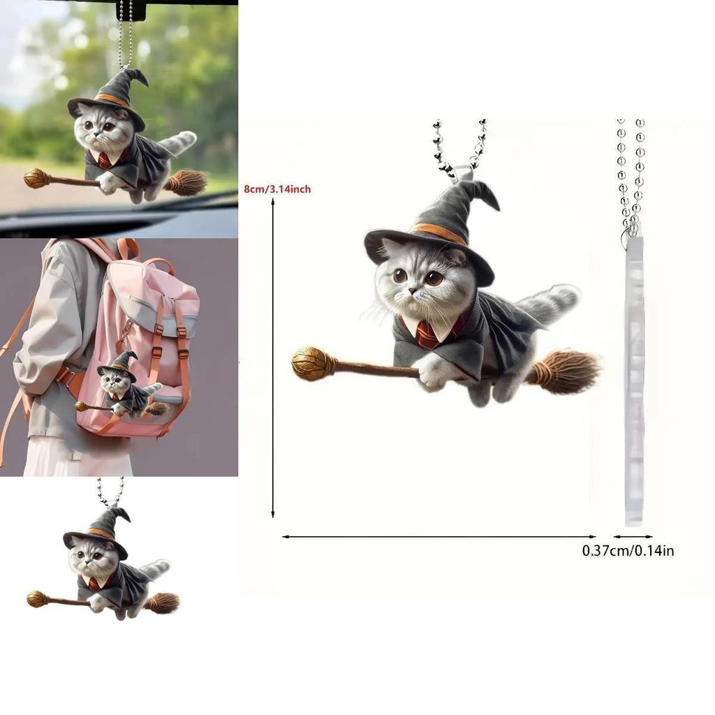 Minimalistischer Acryl-Autoanhänger mit flacher Oberfläche und magischem Katze-auf-Besen-Design zur Dekoration des Autoinnenraums