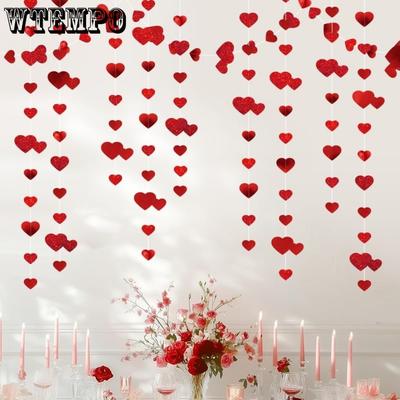5pcs Red Heart Streamers Garland Hanging Sparkling Love Valentine's Day Streamer Glitter Bunting Banner Twinkle Heart Backdrop