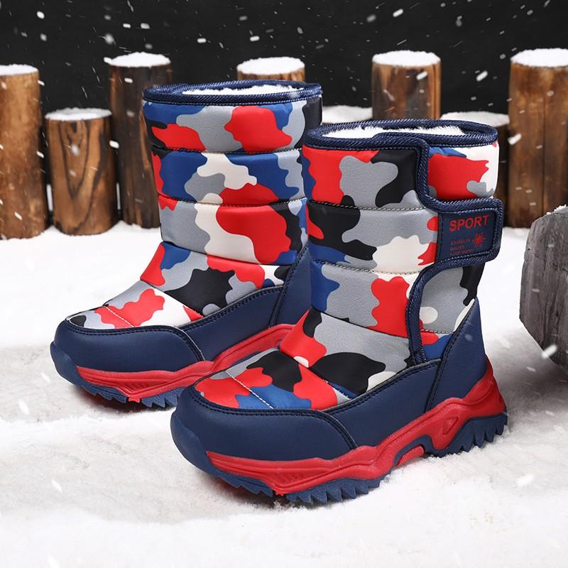 Kids Winter Warm Snow Boots Boys Girls - Camo Mid-Calf Waterproof Fleece-Lined Cotton Shoes