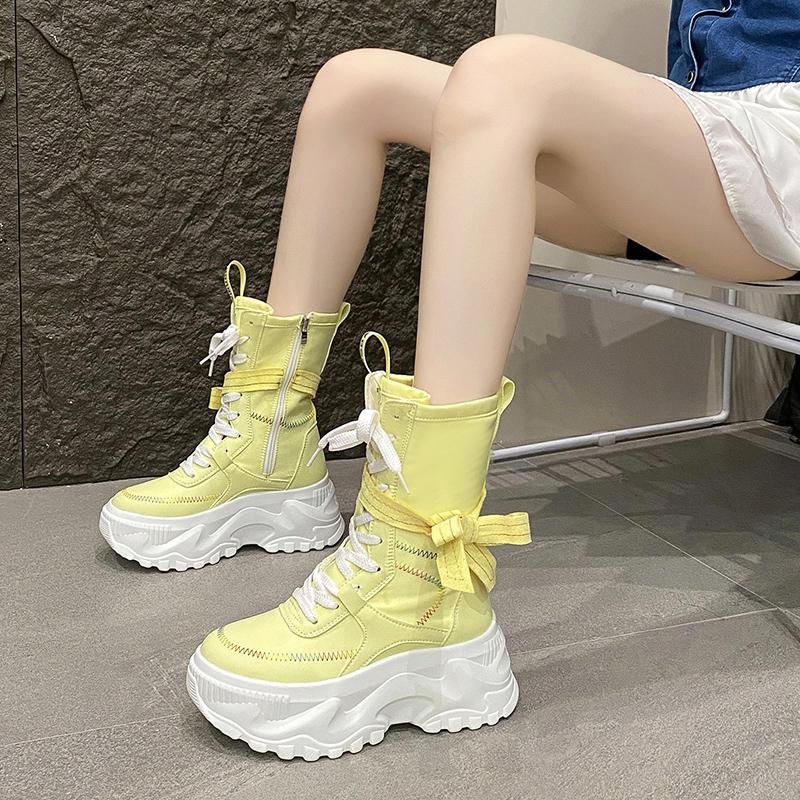 Fashion 8CM Women Chunky Mid-Calf Boots New Autumn Canvas High Platform Round Toe Ladies Shoes Tie Motorcycle Boots Winter Sneakers