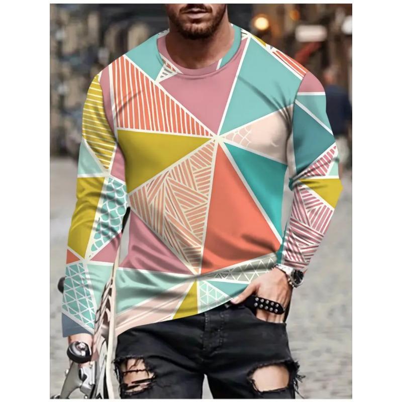 T Shirts for Man Geometric Block 3D Print Autumn Long Sleeve T-Shirt Pullover Casual Male Tops Street Lightweight Men's Clothes
