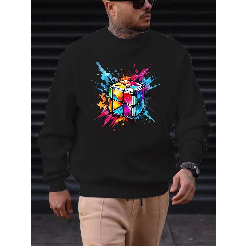 Men'S Casual Crew Neck Sweatshirt with Colorful Puzzle Graphic,  Slight Stretch, Regular Fit, 250g/m² - Solid Color Fashion Hoodie