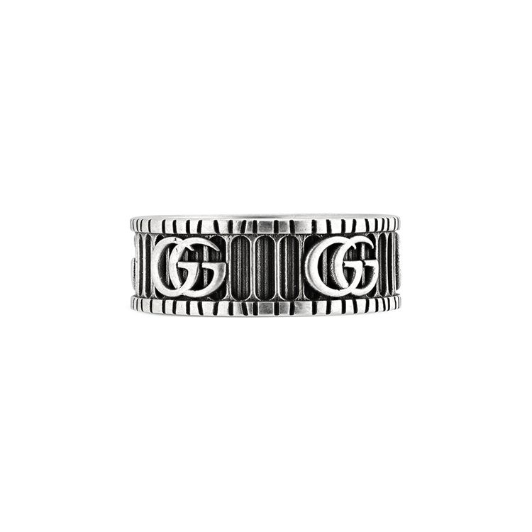 Gucci GG Marmont 3D Double G And Stripe Pattern Vintage Distressed Matte 925 Silver Ring Unisex Rings Black 551899-J8400-0811