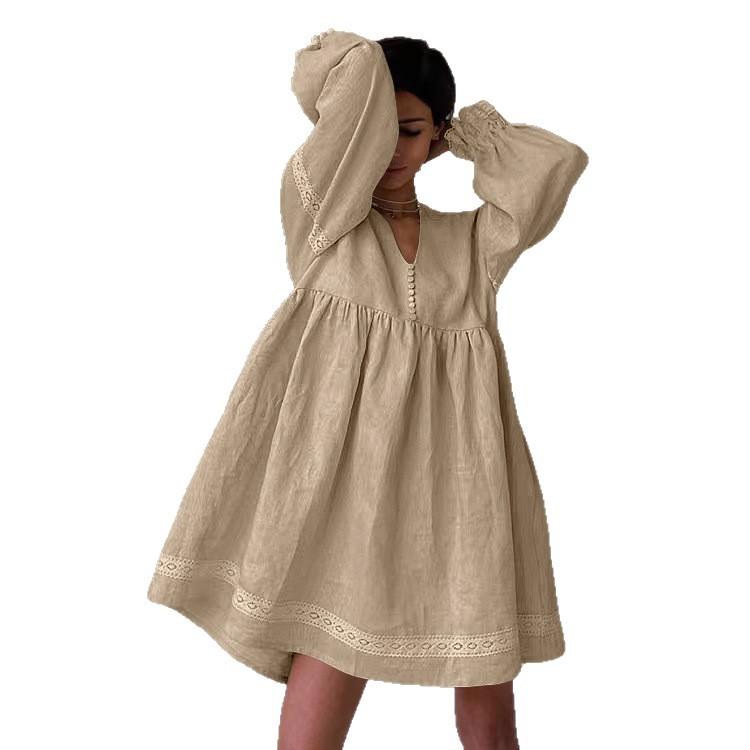 Women's clothing autumn and winter new cotton and linen French skirt temperament commuter V-neck lantern sleeve loose dress