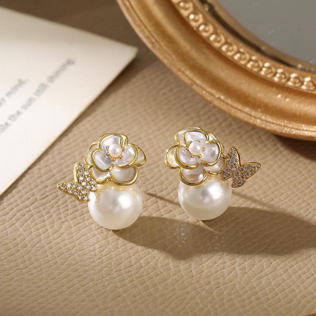 High-End French Enamel Camellia Butterfly Pearl Stud Earrings