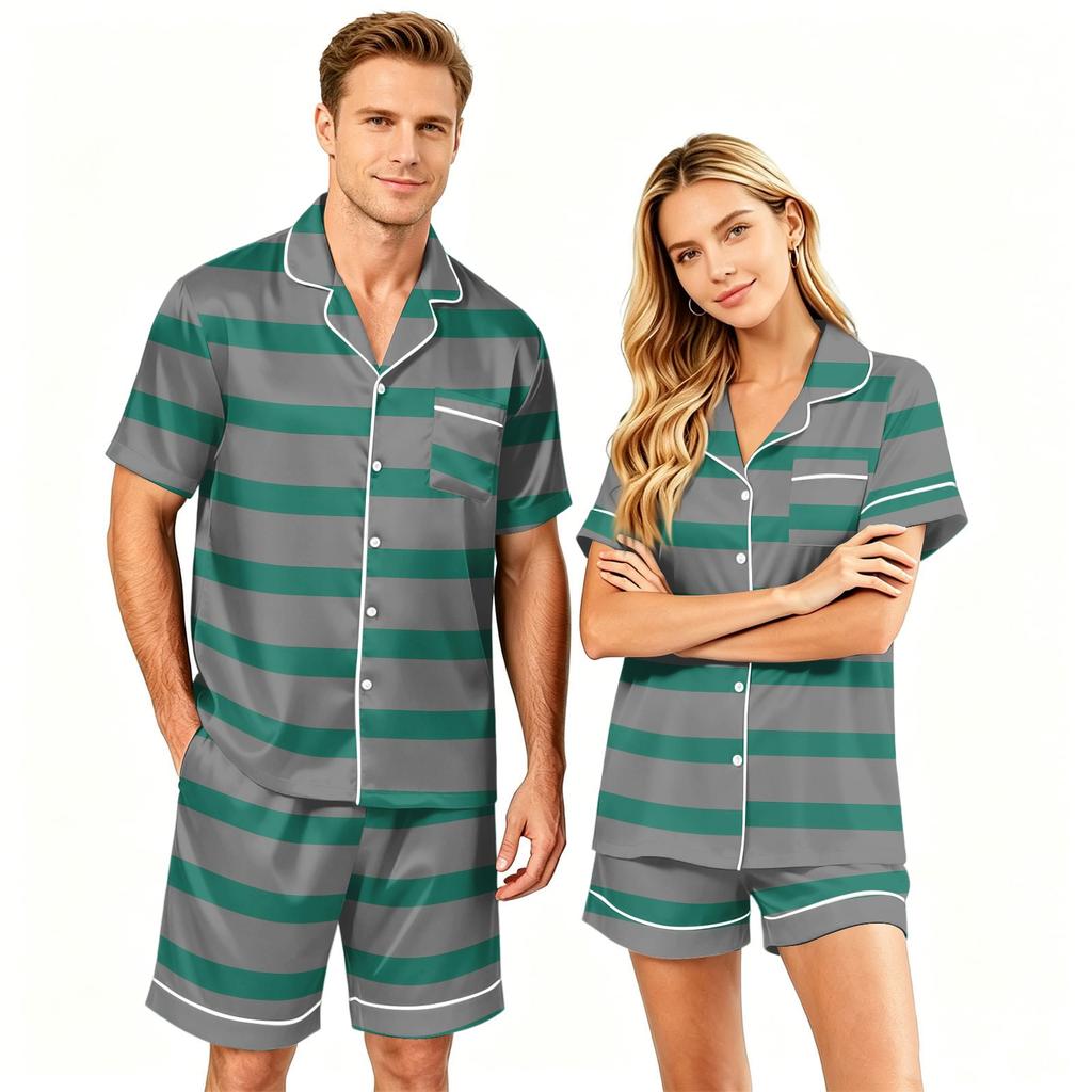 Couple Matching Pajama Set Short Sleeve Button Down Sleepwear Set with Shorts Soft Casual Loungewear S To XXXXL