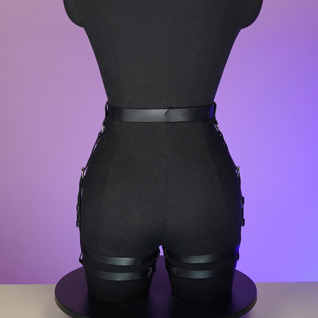 Black Leather Garter Harness Set for Women, Adjustable Thigh and Waist Straps, Gothic Punk Lingerie, Sexy Body Chain