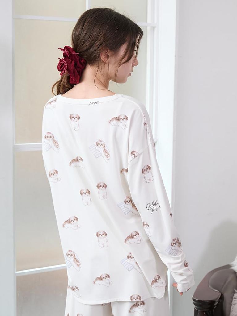 Gelato Pique Shih Tzu Print Long Free Size T-Shirt (PWCT254253) Women's White/White,