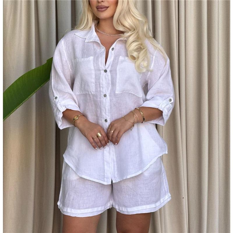 Women Textured 2 Piece Outfit Lapel Long Sleeve Button Down Shirt Drawstring Elastic Waist Shorts Casual Loungewear Set